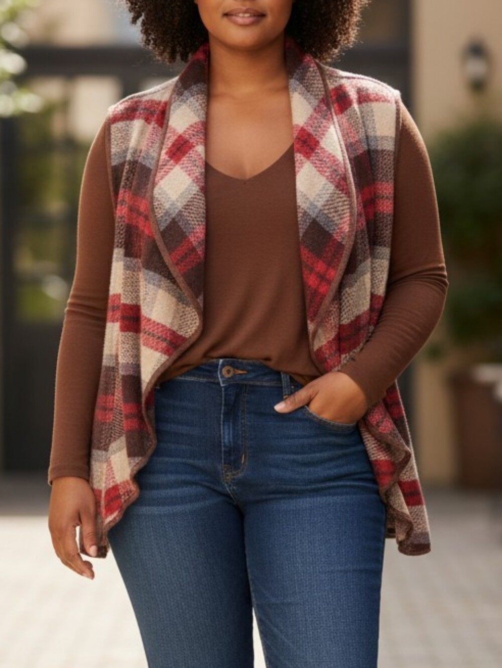 Boutique Style Plaid Open-Front Sleeveless Sweater Vest in Red and Cream